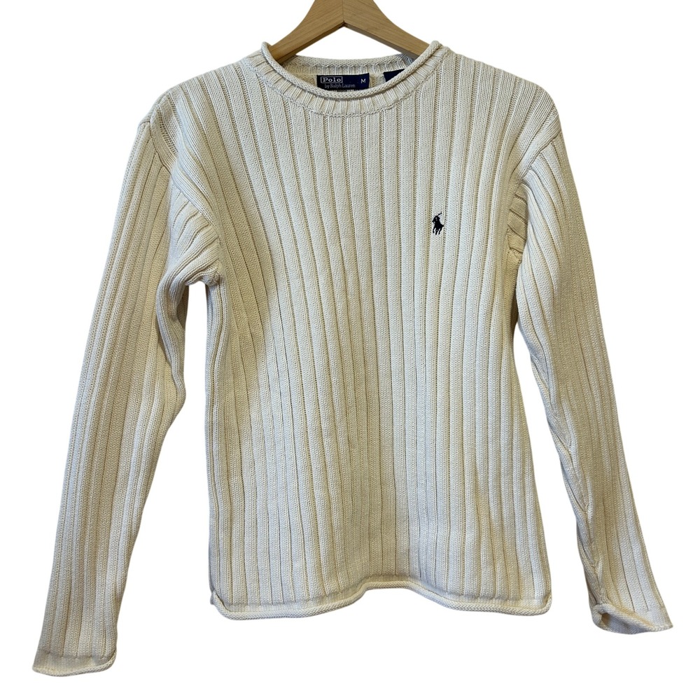 Vintage Polo Ralph Lauren Sweater Sz M Cream Ribbed Cotton Roll Neck Preppy Pony
